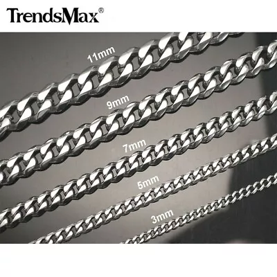 Mens Silver 316L Stainless Steel Cuban Curb Chain Necklace Choker 3/5/7/9/11mm • $9.49