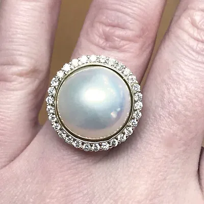 16 Mm Cultured Mabe Japanese White Pearl & Diamond 14k White Gold Cocktail Ring • $1215