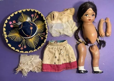 1930’s Composition 9” Mexican Doll Jointed Traditional Clothes Needs Restrung • $15