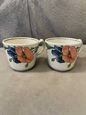 Villeroy Boch AMAPOLA Orange Blue Poppy Germany 2 Large BREAKFAST CUPS No Saucer • $20