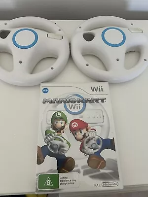 Nintendo Wii - Mario Kart + 2 Genuine White Racing Steering Wheels • $44.99