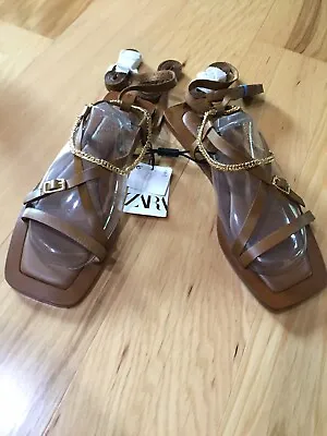 $51.75 • Buy ZARA Brown Flat Vegan Leather Sandals Wrap Strappy Gladiator Women 10 / 41 NWT