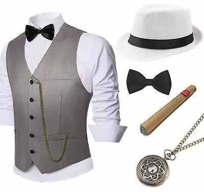  Mens Gatsby Gangster Vest Costume Accessories Set Fedora Hat • $86.32