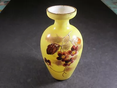 Antique Bristol Vase Yellow Milk Glass Hand Painted Enamel Leaves Hand Blown Art • $20