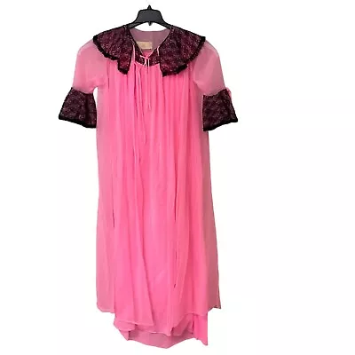 Pink & Black Sheer Chiffon Lace Peignoir & Robe Nightgown Set ILGWU • $41.24