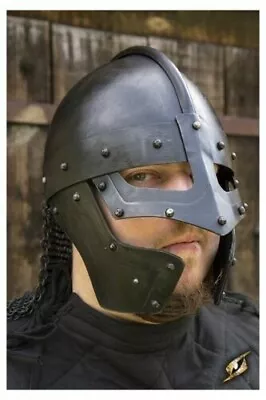 Medieval Larp Norman Nasal Black Helmet Knight Viking Helmet With Chainmail • $89.99