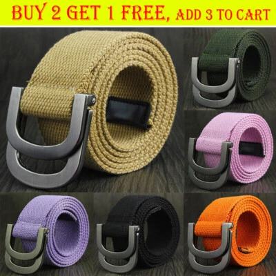 Mens Womens Belt Canvas D Ring Buckle Woven Military Waist Waistband Combat AF • £6.79