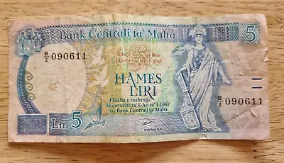 Vintage Maltese 5 Lira Banknote • $6.22