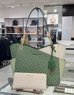 Michael Kors Jet Set Lg Chain Shoulder Tote Bag + Wallet Set Mk Fern Green Multi • $229