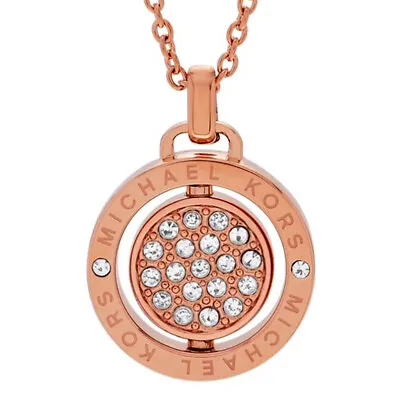 Auth NEW Michael Kors Brilliant Pave ROSE GOLD Spinning Logo Necklace Dust Cover • $58.50