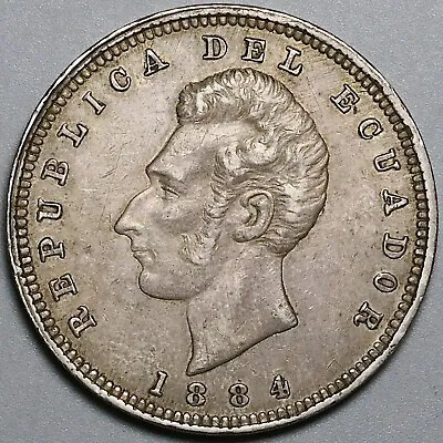 1884 Ecuador Un Sucre AU Heaton Mint Britain 90% Silver Crown Coin (23123105R) • $175