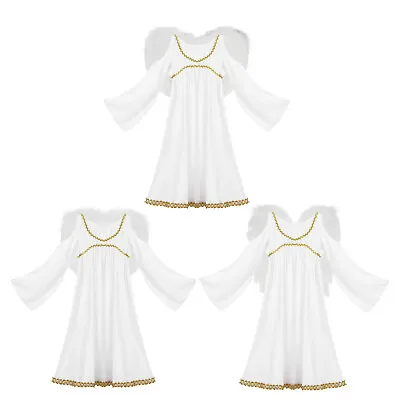 Girls Outfit Toga Dress Up Cutout Shoulder Greek Costume With Feather Wings Set • £11.03