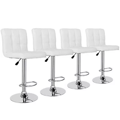 Set Of 4 Modern Bar Stools PU Leather Chairs W/3 Level Gas Rod Metal Frame White • $136.58