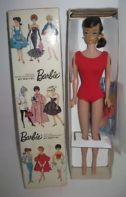 Vintage BARBIE Swirl Ponytail Brunette Doll~IN BOX~Swimsuit Shoes Booklet Stand • $175