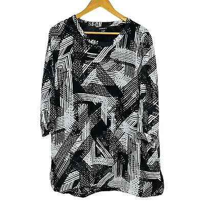 Maggie T Women’s Blouse Top Black White Geometric 3/4 Sleeve Casual Size L 14 • $16.28