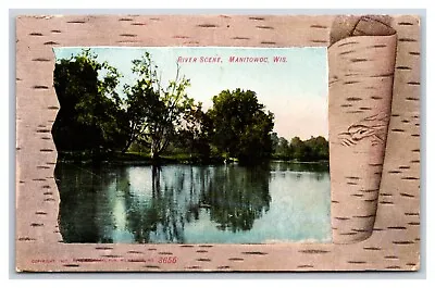 River Scene Manitowoc Wisconsin WI Faux Birch Border 1908 DB Postcard T3 • $4.46