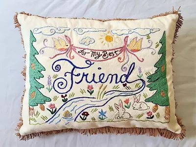 Catstudio Hand Embroidered Pillow MY BEST FRIEND Fringe 15 ½” X 11 1/2” • $65