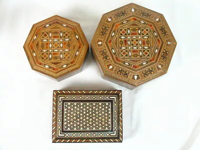 Middle Eastern Inlaid Marquetry Mosaic 2 Octagonal And 1 Rectangle Jewelry Boxes • $79.99