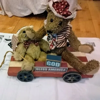 Patriotic Rustic Wood Wagon 10” Decor Stuffed Bears Primitive Vintage • $15