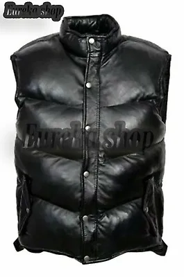 Men's Genuine Soft Lambskin Leather Bubble Puffer Black Vest  Size (XXS-3XL) • $99.99