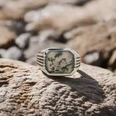 Signet Ring Men's Ring 925 Sterling Silver Vintage Moss Agate Rings For Men • $54
