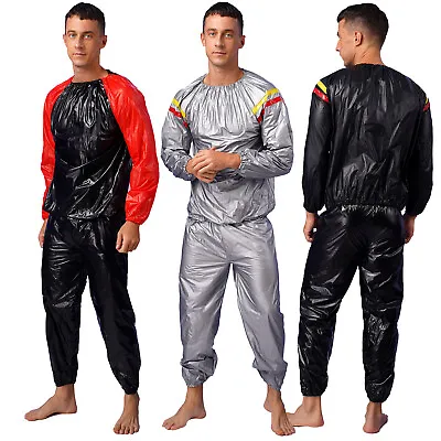 $9.89 • Buy Mens Sport Sauna Suit Fitness Weight Loss Sweat Heavy Duty Shirt + Pant Outfits