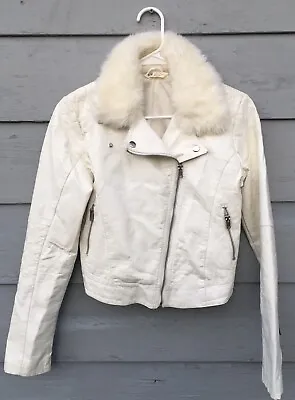 H&M Winter White Faux Leather Moto Jacket W Fur Trim (Teens / US 14 / Euro 170) • $26.63