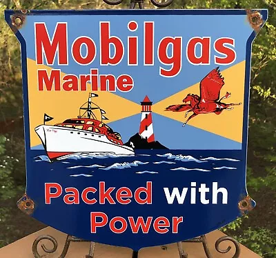 Vintage 1947 Dated Mobilgas Marine Packed W/ Power 12.5” Porcelain Gas Sign • $39.99