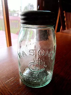 1890's RB#1711 MIDGET Pint MASON'S CFJCO IMPROVED Fruit Jar Bottle W/ LID & BAND • $10.50