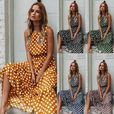 £8.26 • Buy Ladies Beach Holiday Womens Summer Polka Dot Maxi Dress Long Dresses Sundress