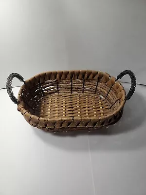 Woven Oval Basket With Metal Handles 12x8 In Chunky Basket Tray Rustic Farmhouse • $19.99