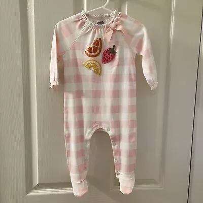 Mud Pie Fruit Applique Sleeper Footie Pink Gingham Girls Size 6-9 Months NWT • $29.99