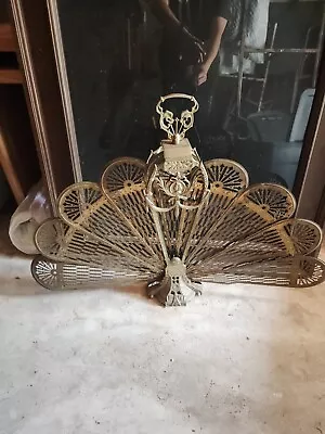 Vtg Brass Fireplace Screen Folding Fan Peacock Cameo Hollywood Art Deco • $189
