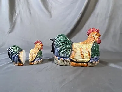 Cracker Barrel Rooster Chicken Butter Dish And Shaker Ceramic Vintage 1997 • $50