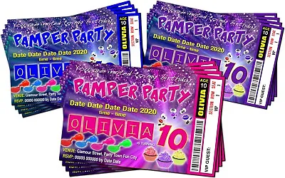 PAMPER Ticket Style Bespoke Birthday Party Invitations X4 Pink Blue Or Purple • £2.85