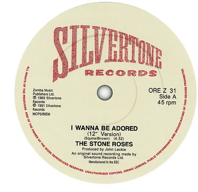 Stone Roses. I Wanna Be Adored. Repro Record Label Sticker • £2