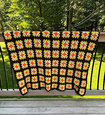 VINTAGE Handmade Crochet Granny Square Blanket Brown Orange & Yellow 48” X 72” • $39.95