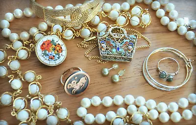 Vtg Cloisonne Enamel Micro Mosaic 925 GF Jade Brooch Ring Necklace + Jewelry Lot • $55