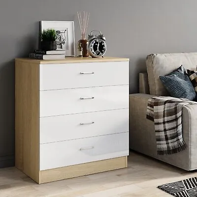 Modern High Gloss Chest Of 4 Drawers White&Oak Storage Cabinet Bedroom Furniture • £59.99