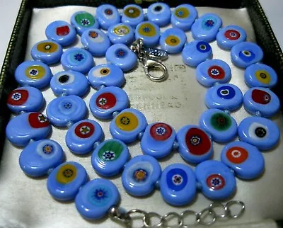 Blue Millefiori Venetian Murano Glass Disk Bead Vintage Style NECKLACE New Gift • £29.99