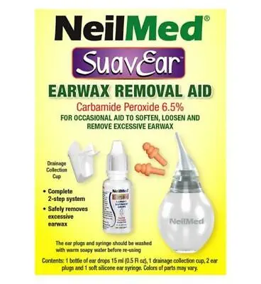 NeilMed SuavEar Ear Wax Removal Kit - Includes Drops Cup Ear Plugs Syringe • £13.99