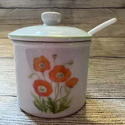 Vtg Porcelain Jam Jelly Mustard Jar Porcelain White Orange Poppies Flowers  • $10.99