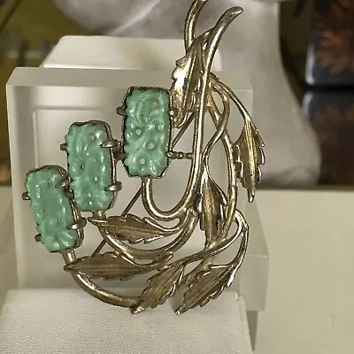 Vintage Jade Gold Tone Leaves Brooch  • $36