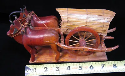 Vintage Hand Carved Handmade Wooden Wood TWO BULLS PULLING TWO WHEEL WAGON CART • $37.95