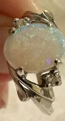 Vintage 14kt White Gold Opal Ring With Diamonds ~ Size 6 ~ Beautiful! • $349.99