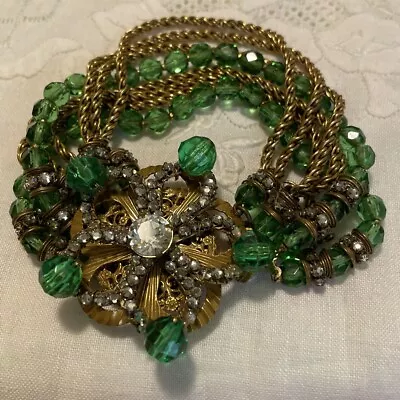 Vintage MIRIAM HASKELL 5 Strand Bracelet-Green Crystals Brass Chain -Stunning! • $91