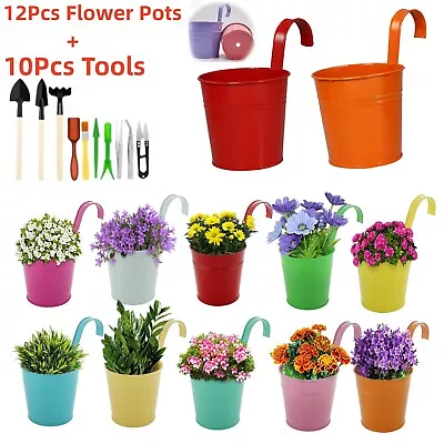 12Pcs Metal Flower Pot Colour Balcony Garden Wall Fence Hanging Plant Planter  • £11.99