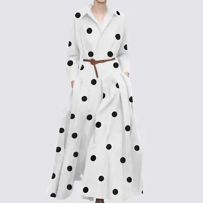 UK Womens V Neck Long Sleeve Maxi Dress Polka Dot Tunic Swing Dresse • £14.95