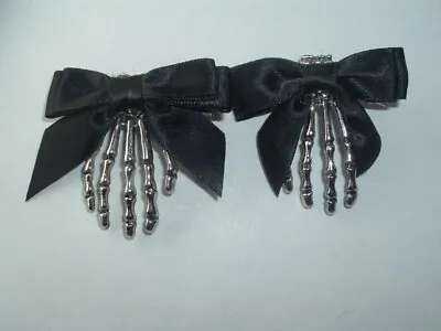 Vintage Skeleton Bone Hands Silver Metal & Black Bow Hair Clip Barrettes • $20