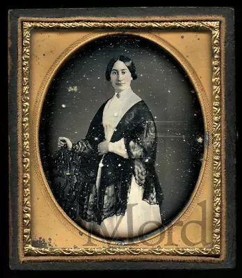 Beautiful 1850s 1/6 Daguerreotype Of A Woman In Black Lace Shawl  Gothic Chair • $425